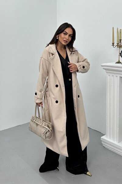 spirituel Women's Cashmere Coat Long Belted Buttoned Pocket Premium Cashmere Coat