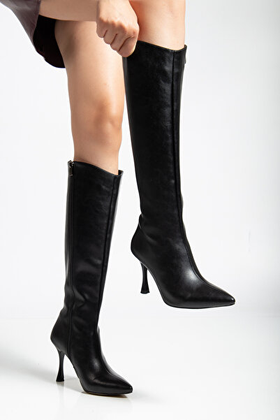 MS SUGAR SHOES Selecto Жіночі чорні довгі чоботи на підборах із застібкою-блискавкою, гострий носок, веганська шкіра