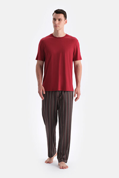 Eros Burgundy Short Sleeve Six Stripes T-Shirt Pants Set