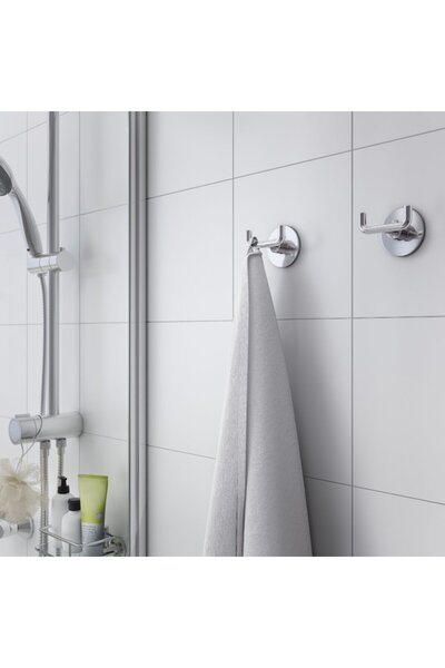 OEM Bathroom Hook - 2 hangers, steel, drill or adhesive mounting, silver glossy