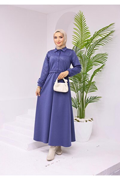 QUAWEAR Shirt Collar Cuffed Buttoned Sleeves Belted Top Size Printed Imported Knitted Fabric Full Length Dress