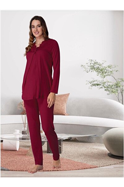 Lohusa Homewear Kadın Fuşya Özel Tasarım Dantelli Uzun Kollu Pamuklu Lohusa Hamile Pijama Takımı