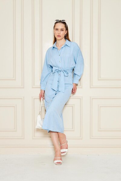 Kutaf Φόρεμα πουκάμισο με κουμπιά με μπλε ζωνάκι- Κομψό γραφείο – καθημερινό συνδυασμό