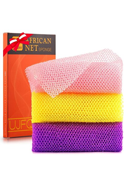 UJFQBH إسفنجة تقشير طويلة من أفريكان نت لتقشير الجسم، وردي أصفر بنفسجي، 3 قطع