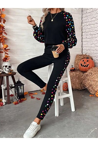 ALPACO Women's Long Sleeve Crew Neck Patterned Viscose Two Thread Blouse and Pants Two-Piece Set