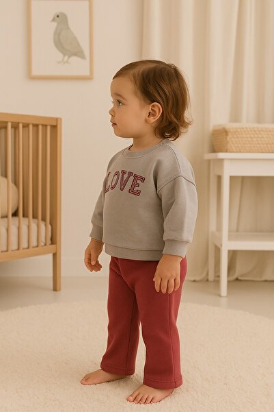 dinamik çocuk Baby Girl Love Embroidered 2-Piece Set Sweatshirt and Sweatpants 3-Thread Ribbed Winter 6-24 Months