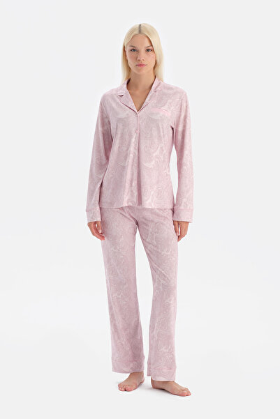 Eros Açık Pembe Şal Desenli Gömlek Pantolon Takım