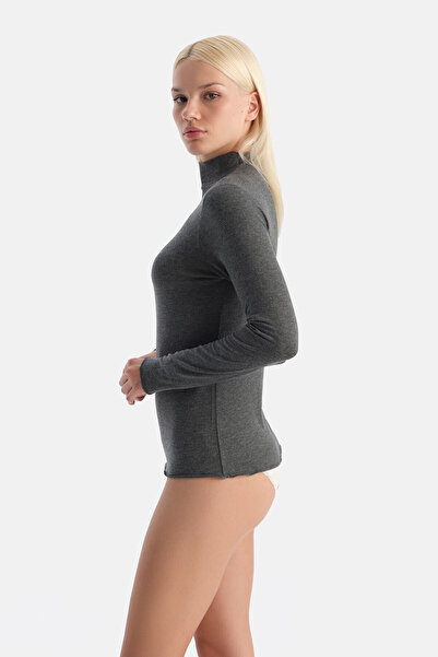 Eros Anthracite Melange Modal Cashmere Turtleneck Long Sleeve Top
