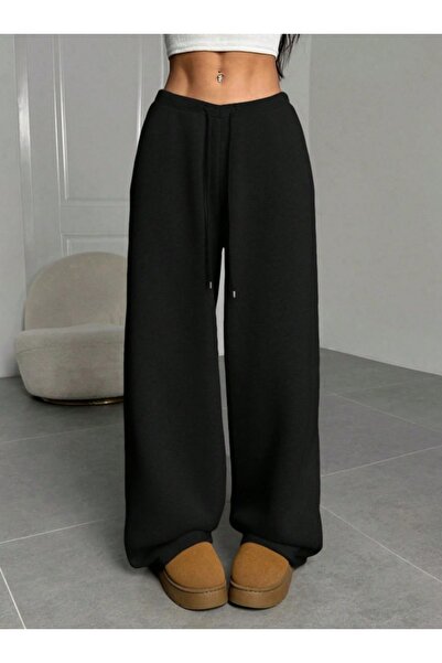 ELASSEL Χειμερινό σαρούνιστο μαύρο γυναικείο φαρδύ παντελόνι μεγάλου μεγέθους...