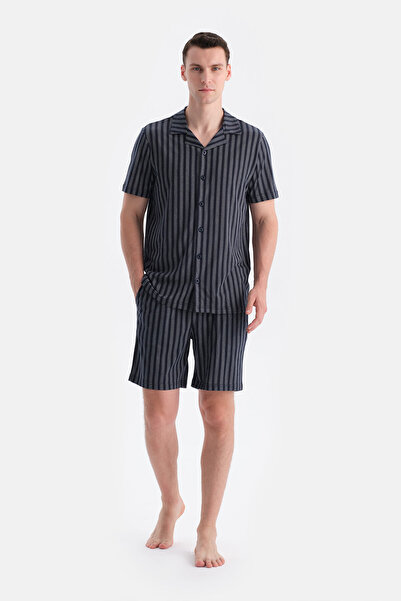 Eros Navy Blue Meterage Printed Short Sleeve Shirt Shorts Set
