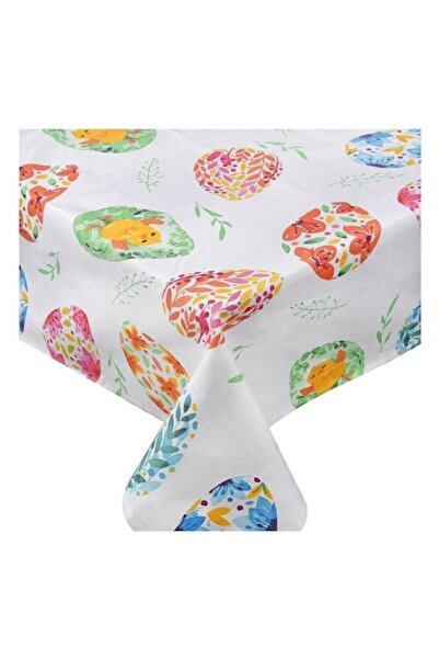 OEM Easter tablecloth beige with eggs, chicks and colorful flowers, 180x140cm