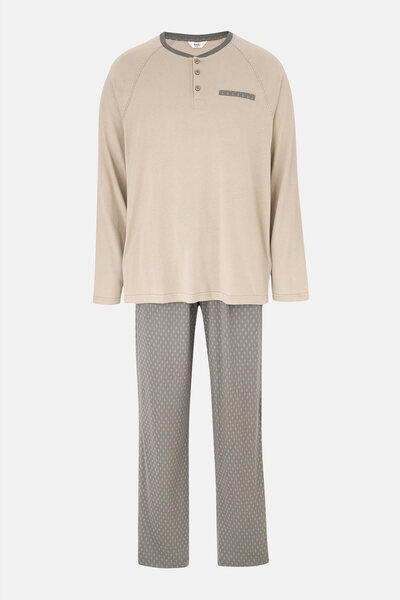 Eros Stone Long Sleeve T-Shirt with Patch and Pocket Detail Trousers Pajama Set