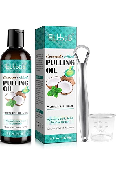 elbbub زيت جوز الهند من إل بوب - غسول فم أيورفيدا بزيت النعناع ومكشطة اللسان