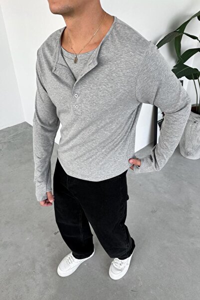 HAFKAGİYİM Gray Buttoned Collar Relaxed Long Sleeve T-Shirt