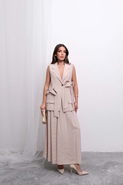 Hatun Atila Trend Double Breasted Tie-Up Vest and Long Skirt Set D004 - Beige