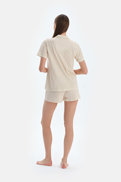 Eros Ekru Puantiye Baskılı Basıc Gömlek Şort Pijama Takımı