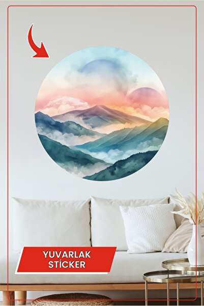 KOSS Dijital Autocolant rotund cu peisaj de munte în culori pastel, natură li...