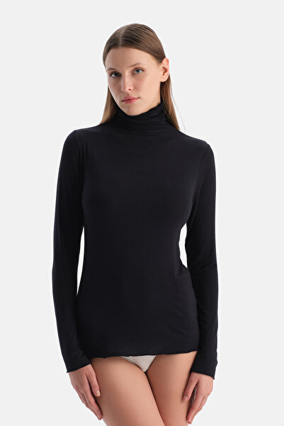 Eros Black Modal Cashmere High Neck Long Sleeve Top