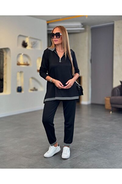 Wear Up Women's Long Sleeve Ribbed and Zipper Detail Blouse and High Waist Trousers 2-Piece Set