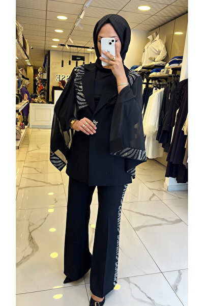 Vosse Moda İlgi Siyah Pelerin Detaylı Taş İşlemeli Takım