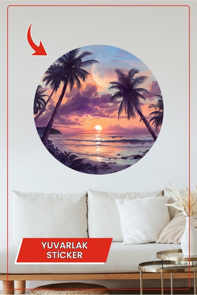 KOSS Dijital Autocolant rotund pentru plaja tropicală cu apus de soare și pal...