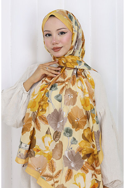 sefamerve Wzorzysty szal z bawełny 70323-06 Musztardowy