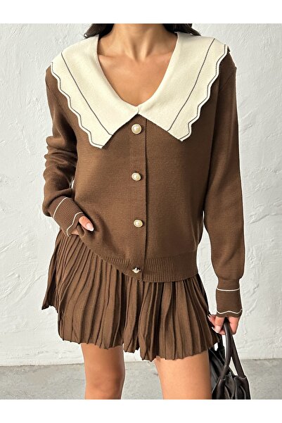 BEJNA Női barna, stílusos galléros blúz szoknya alsó felső kötöttáru szett