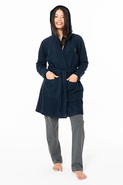 U.S. Polo Assn. Women's Long Thin Soft Fleece Robe S26127 with Hood with Belt with Pockets