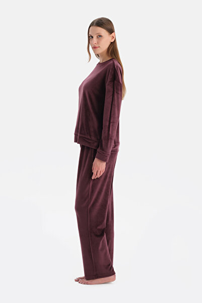 Eros Burgundy Long Sleeve Velvet T-Shirt Pants Pajama Set