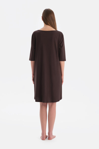 Eros Dark Brown V-Neck Lace Knitted Nightgown