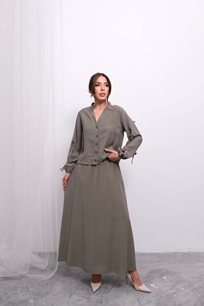 Hatun Atila Relaxed Fit V-Neck Top and Flowy Skirt Set D005- Khaki