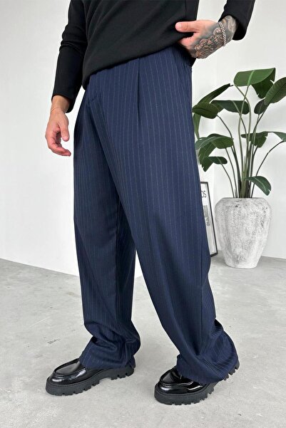 HAFKAGİYİM Lacivert Parfe Çizgili Beli Lastikli Premium Kumaş Pantolon