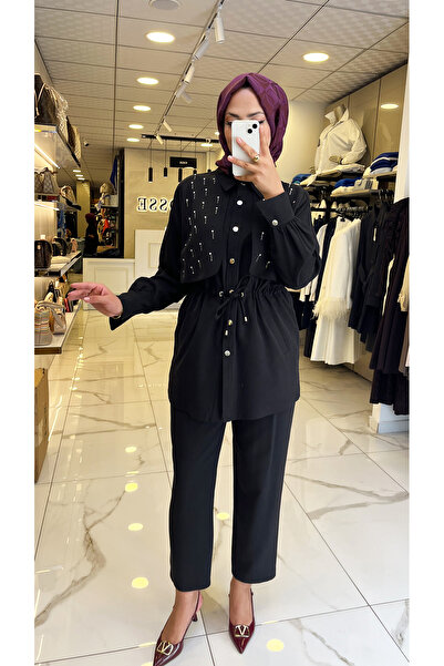 Vosse Moda İlgi Siyah Beli Büzgülü Taş Detaylı Takım