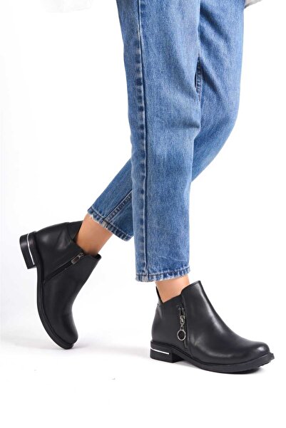 BİKAJOO Kadın Siyah Deri Fermuarlı Düz Taban Yarım Kışlık Bot BKJ0306