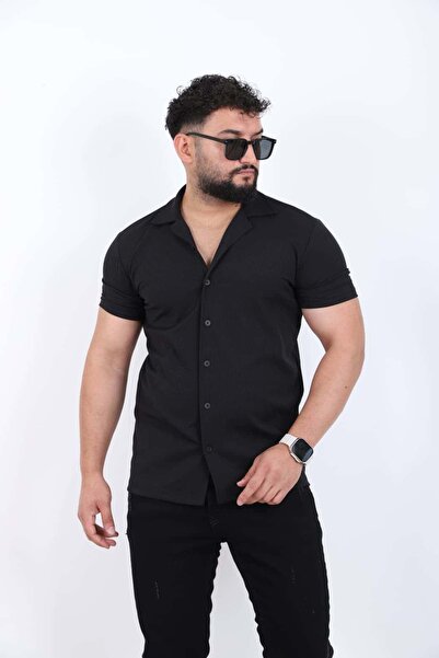 Blue Ant Men's Ribbed Knitted Lapel Short Sleeve Slim Fit Shirt