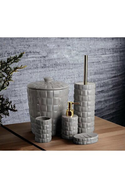 CEZVE HOME Mirilla Porcelain Square Patterned Gold Detailed 5-Piece Bathroom Set