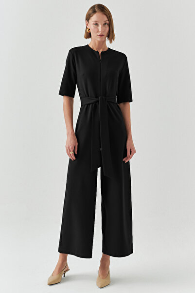 Exquise Belted Short Sleeve Zipper Closure Knitted Slim Fit Jumpsuit