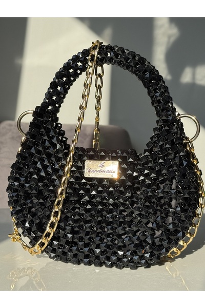 begüm jewelery SİYAH KÜBİK KESİM PARLAK TAŞLARLA İŞLENMİŞ TASARIM EL-OMUZ ÇAN...