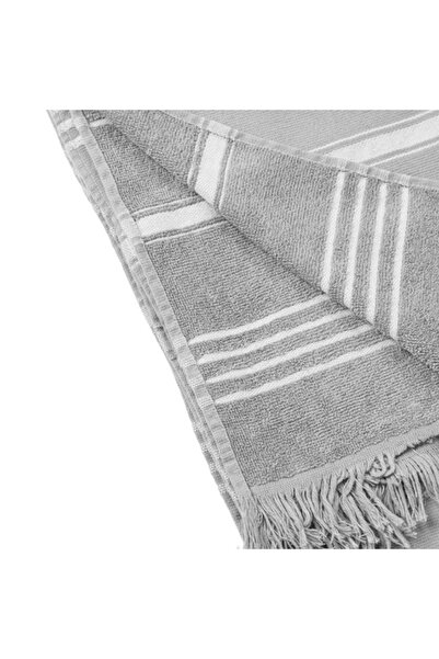 ANTBRO Hamam Beach Towel Antbro®, Fringes, Gray with White Stripes, 86x170cm