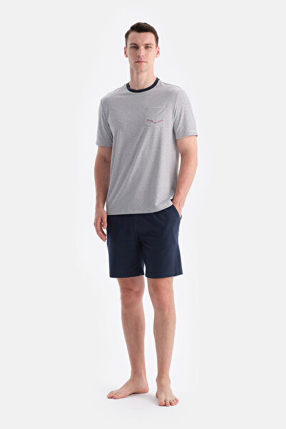 Eros Navy Blue Short Sleeve Pocket and Embroidery Detailed T-Shirt Pants Pajama Set