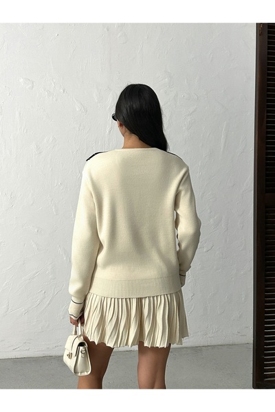 BEJNA Women's Cream Stylish Collar Blouse Skirt Bottom Top Knitwear Set