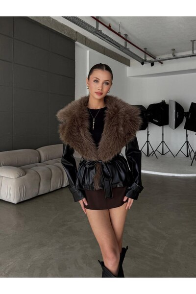 VESS MODA Trench din piele cu curea, model de marcă, cu detaliu de blană la g...
