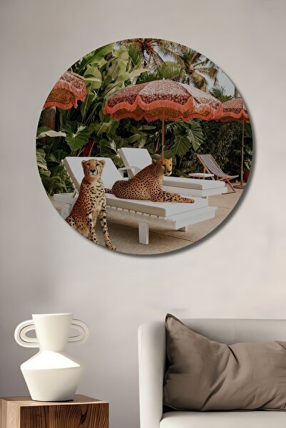 Teona Ahşap Masă rotundă decorativă din lemn cu două ghepardă lângă piscina