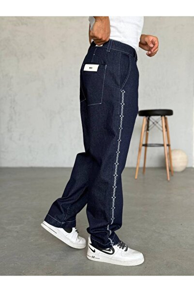Gambocci Men's Premium Navy Blue Wide Long Baggy High Waist Trousers with White Embroidery Detail on the Side