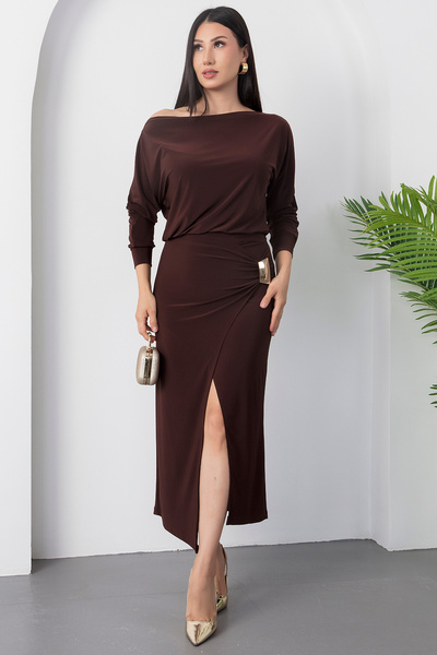 PULLIMM Kayık Yaka Beli Tokalı Sandy Elbise DKS1328