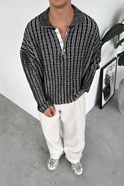 HAFKAGİYİM Μαύρο πλεκτό πουλόβερ με μοτίβο Premium Oversize με λαιμόκοψη πόλο