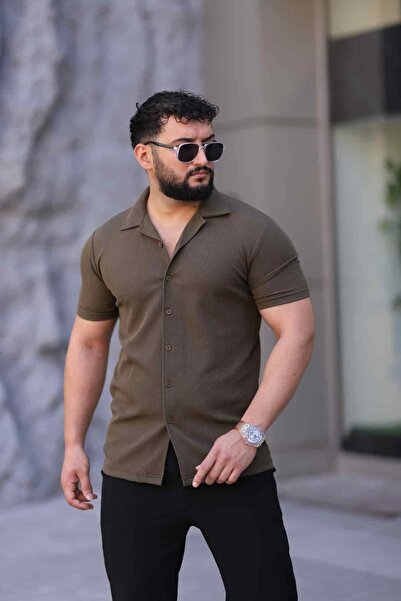 Blue Ant Men's Ribbed Knitted Lapel Short Sleeve Slim Fit Shirt