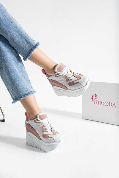 Bymoda Yeni Sezon Beyaz Pudra Gizli Dolgu Topuklu Spor Ayakkabı Toplam Yüksekliği 10 CM
