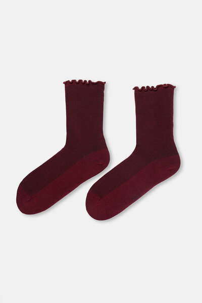 Eros Burgundy-Ecru Women's 2-Piece Cotton Ruffle Socks