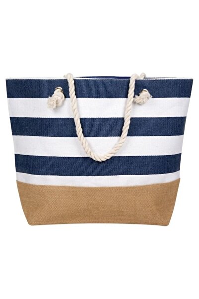 Nebunici Beach Bag, Wicker Material, Striped Design, White/Blue, 56 x 18 x 39 cm,